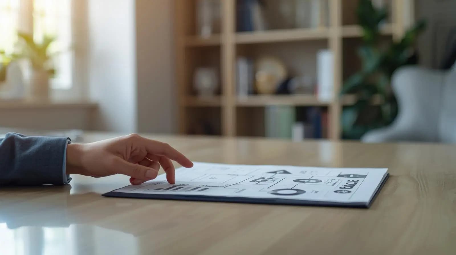 Hand pointing at paperwork